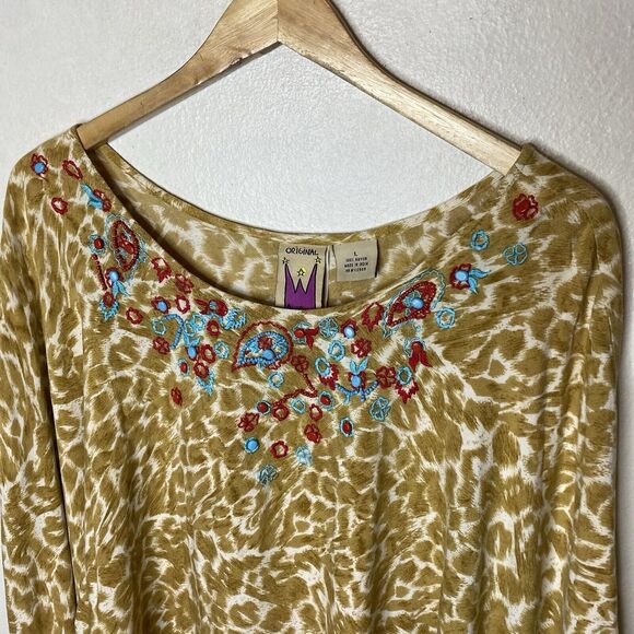 Original Anthony Beaded Animal Print Top Tie Sleeves Boho Artsy Women’s Large - Picture 2 of 9